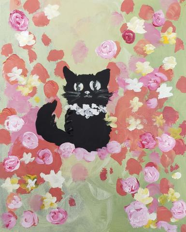 A painting of a fuzzy black cat in the middle of a pastel meadow. The cat has big round eyes and a chain of flowers around its neck.