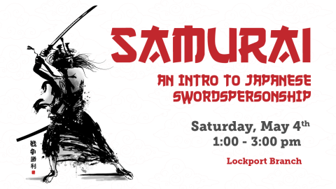 Photo of a samurai with event details shown in red and black.