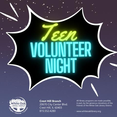 An icon that has neon, bright text saying "Teen Volunteer Night"