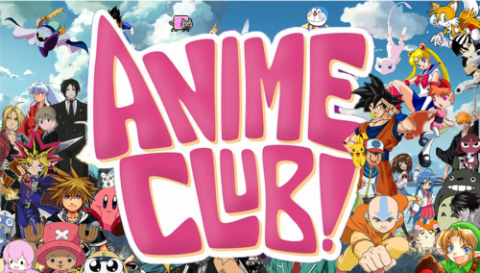 Anime club logo with popular anime characters behind the logo