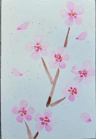 Image of the completed project - a watercolor painting of seven cherry blossoms and falling petals.