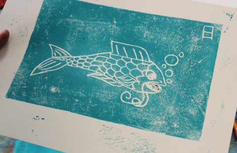 Wood Block print with fish in blue