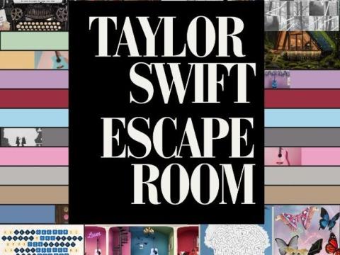 Eras tour themed sign that says Taylor Swift Escape Room.