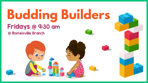 The words "Budding Builders" above two children playing with blocks. 