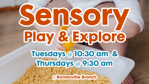 The words "Sensory play & explore" with a sensory bin in the background. 