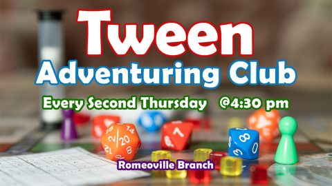 The words Tween Adventuring Club with gaming dice in the background