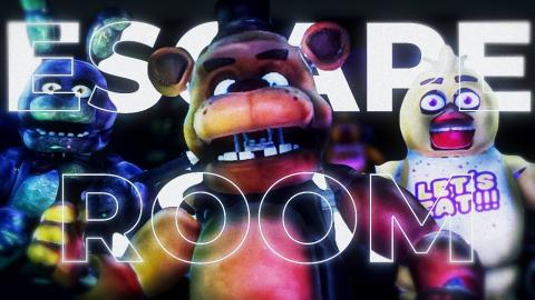 a picture of Freddy Fazbear wearing a hat in front of words saying Escape Room