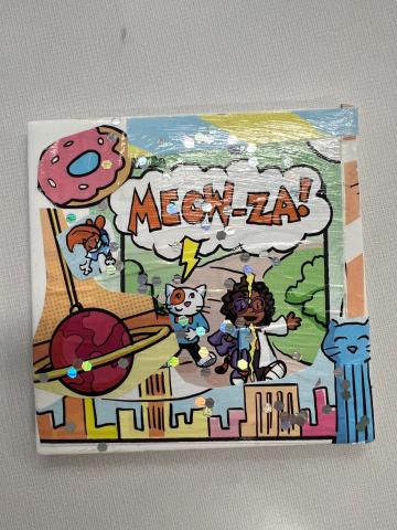 a tile coaster with a comic book strip featuring a cat and a girl that says "Meowza"