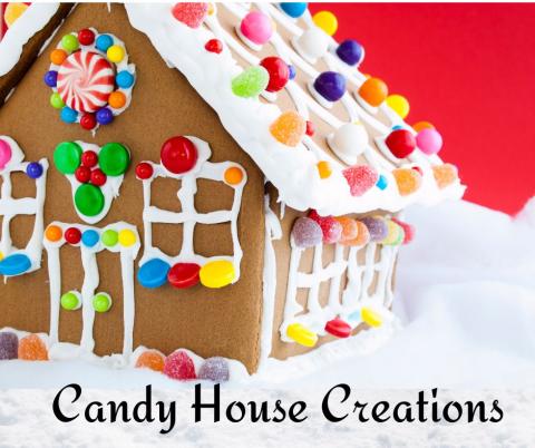 Gingerbread house with the words, "Candy House Creations" below it