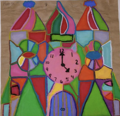 Artwork depicting a castle and clock