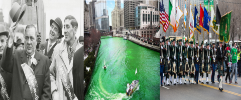 images of people celebrating St. Patrick's Day in Chicago and the Chicago River dyed green