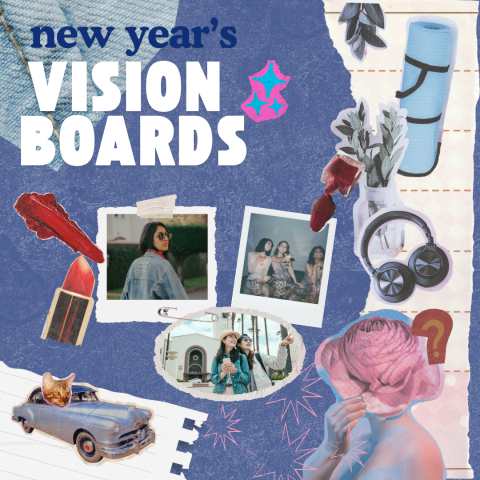 An selection images arranged into a collage with the title of the program New Year's Vision Boards