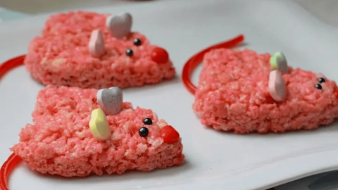 Pink heart shaped crisp rice cereal mice with heart candy ears