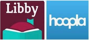 Maroon and blue Libby and sky blue and white Hoopla logo side by side