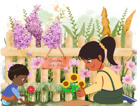 A child and an adult lean down planting flowers in front of a garden of different colored flowers. 