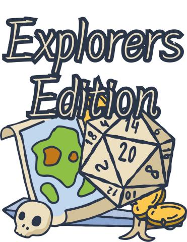 Explorers Edition in large text in front of a map, coins, and a 20 sided die.