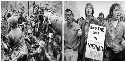 Black & white images of Vietnam War soldiers and protesters