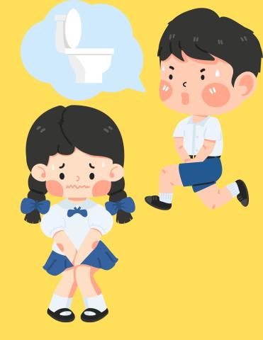 Two children doing a potty dance, with a speech bubble of a potty. 
