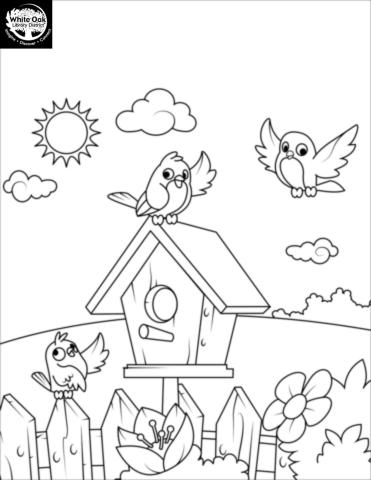 Coloring page with a bird house, 3 birds, the sun, a fence and clouds in the background.