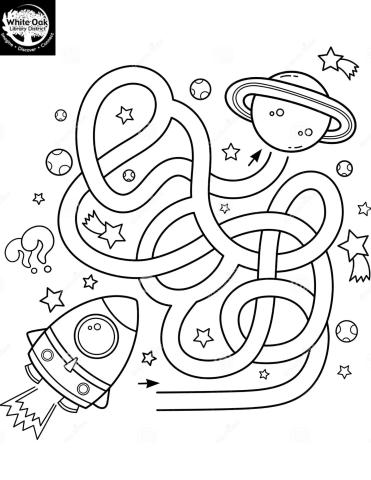 Picture of a space maze, starting with a rocket ship and ending with Saturn. 