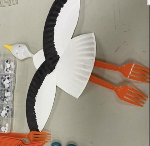 Goose made from paper plate and forks and spoon