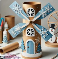 Paper craft windmill with a winter theme.