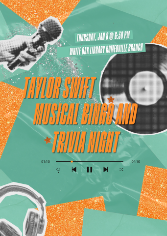 Glittery blue background with orange text overlaid reading Taylor Swift Musical Bingo and Trivia Night