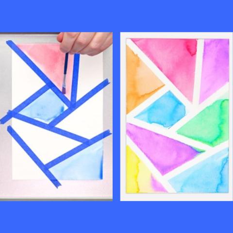 Two photos side by side on a blue background. The left shows someone painting on paper with masking tape over, the right shows a finished painting with start white lines between each water color section.