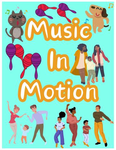 Bright blue background. Several families dancing together, a dog and a cat dance with them. Red and purple maracas spread around the page.