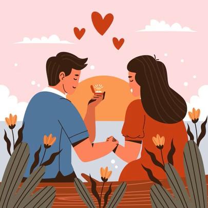 Man and Woman sitting on a log. The man is proposing marriage to the woman by holding up a ring box.