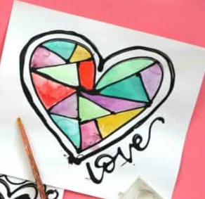 Heart made from black glue and filled in with water color