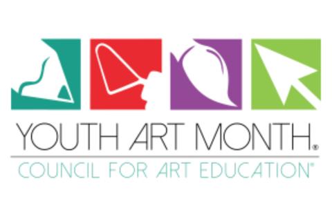 Youth Art Month Logo. With a blue pencil, red clay tool, purple paintbrush, and green mouse arrow. "Youth Art Month" "Council for Art Education"