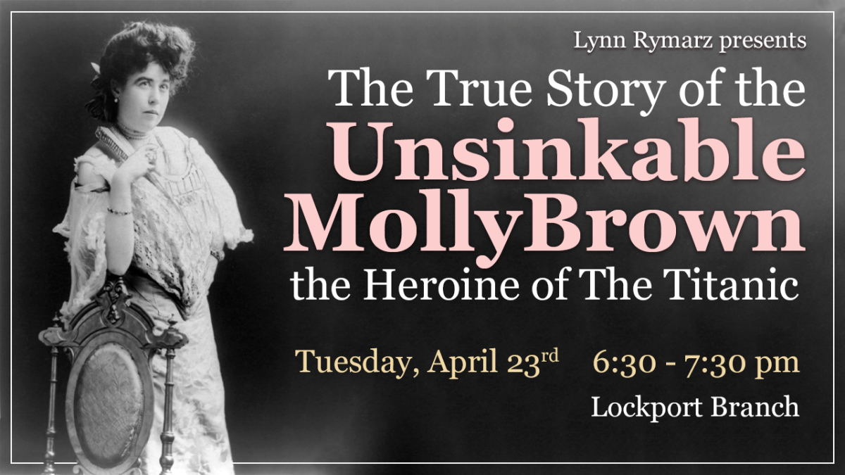 Photo of Molly Brown with event details shown in pink and white.