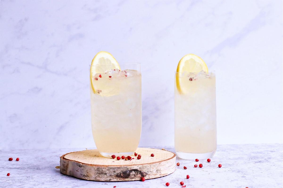 Photo of two pale yellow mocktails with lemon slices on the rims of the glasses