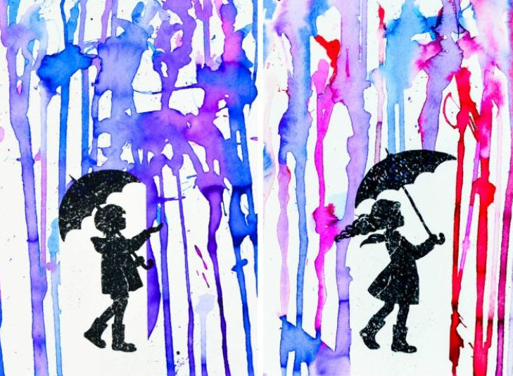 silhouettes of children in the rain