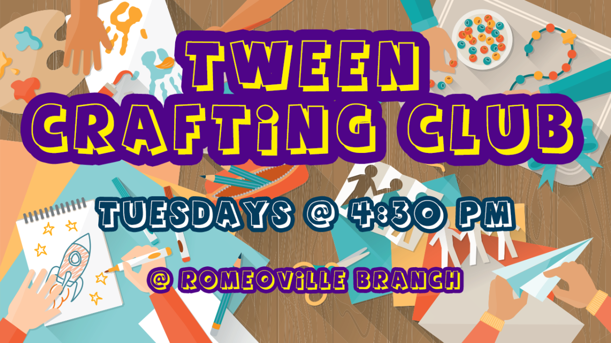 The words "Tween Crafting Club" with art supplies in the background 