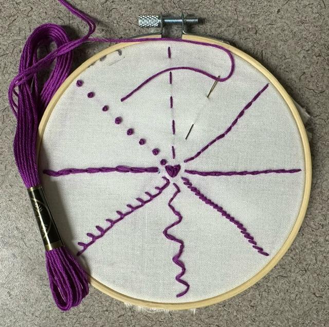 Embroidery hoop with white fabric and an asterisk shaped stitch sampler in purple