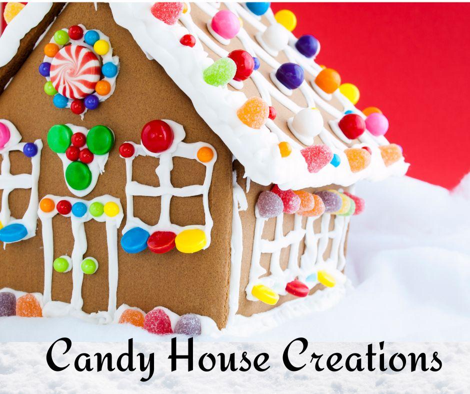 Gingerbread house with the words, "Candy House Creations" below it