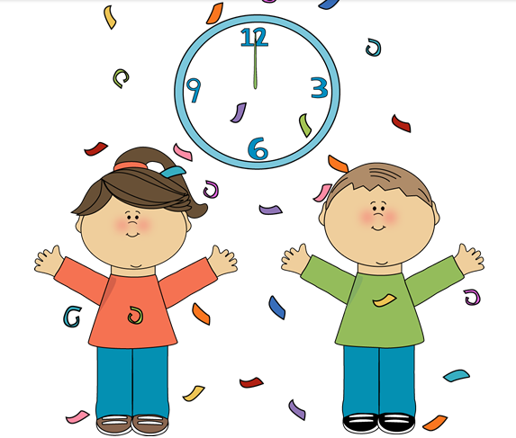 two cartoon children with confetti and a clock