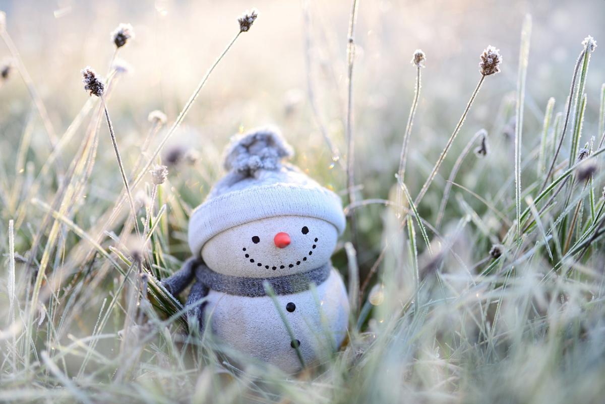 sock snowman in a frosty field