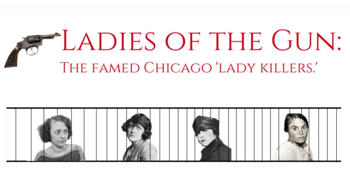 Ladies of the gun in red text, four black and white headshots of women