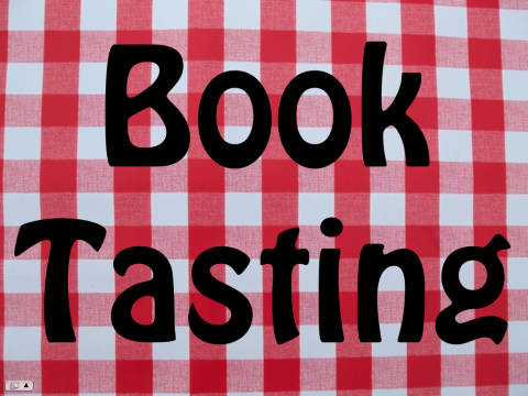 red checked table cloth with the books Book Tasting in Black on top