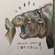 a Drawing of Moo Deng the baby hippo attacking