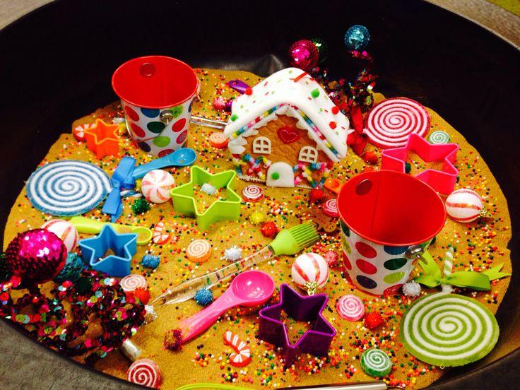 Sensory toy bin with candy land theme