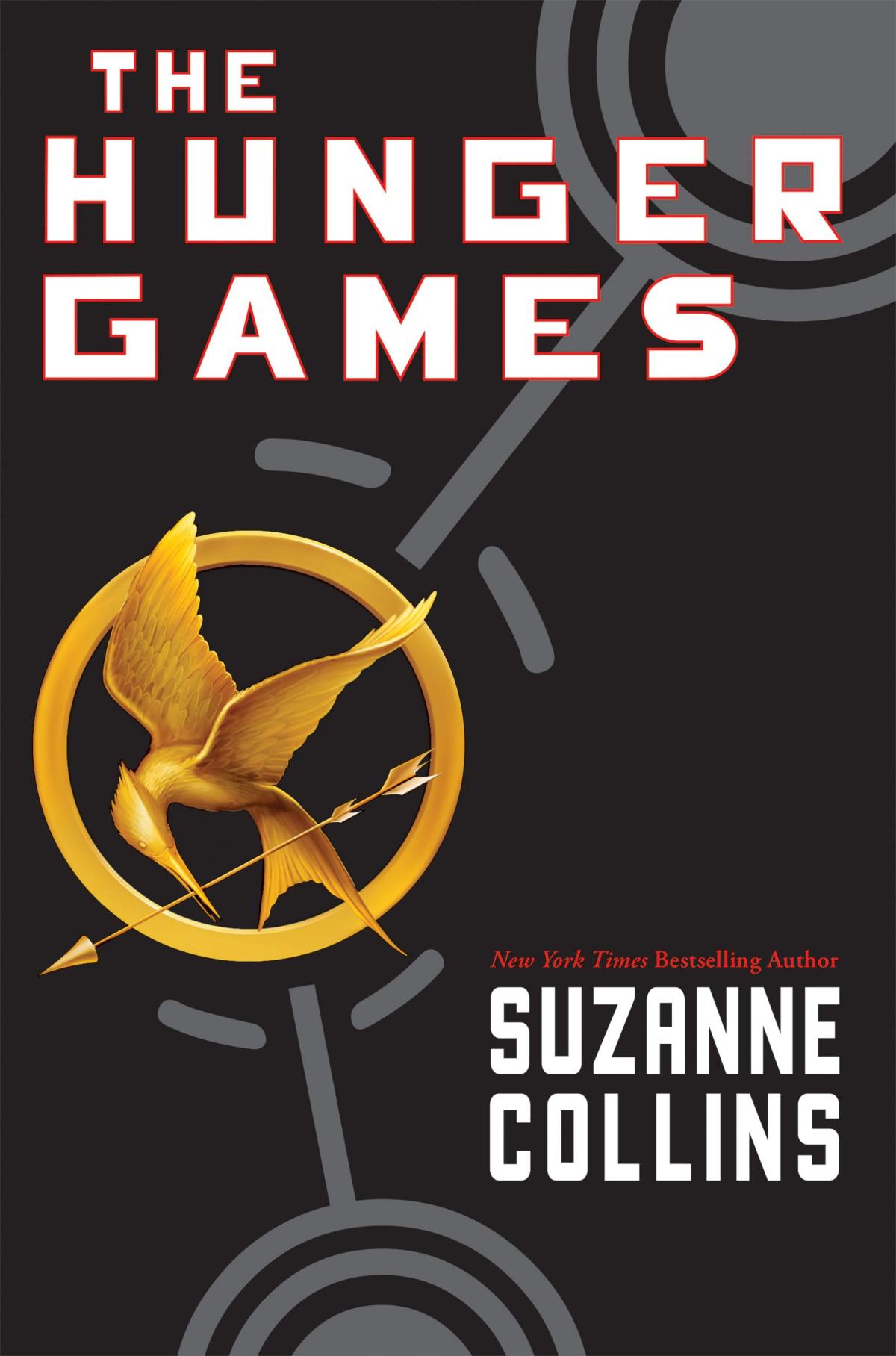 The Hunger Games book cover with a black background and gold mockingjay pin