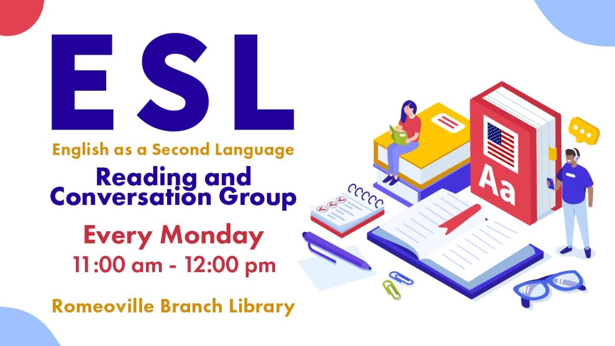 White banner with the words ESL in purple text