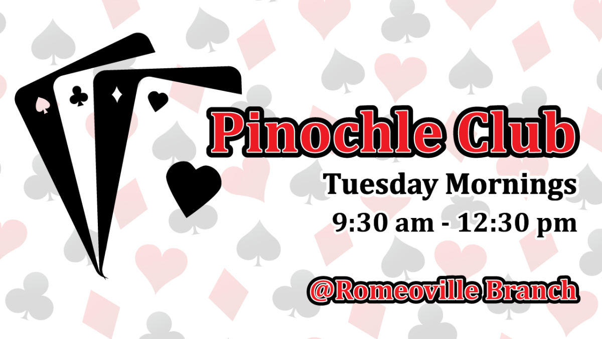 Checkered background with cards next to red text reading Pinochle Club