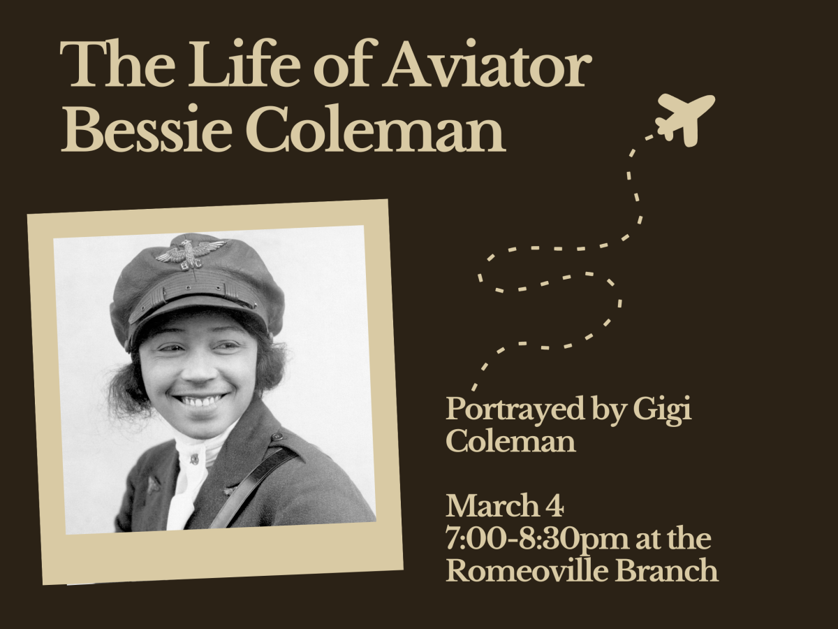 Image of Bessie Coleman, a young black woman, with program title and date